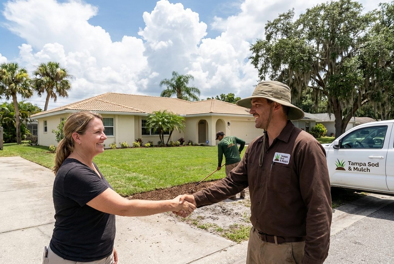 Tampa Sod & Mulch estimator meeting a homeowner in front of a Tampa lawn