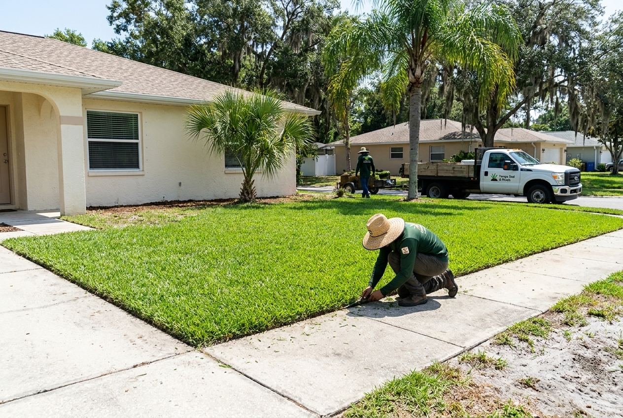 Freshly installed Floratam St. Augustine sod lawn at a stucco home in Tampa, FL