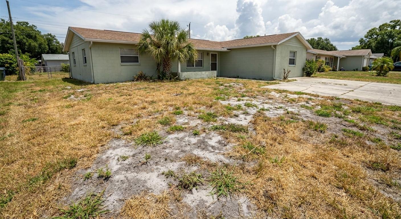 Patchy, uneven Tampa lawn with weeds and low spots that needs grading before new sod