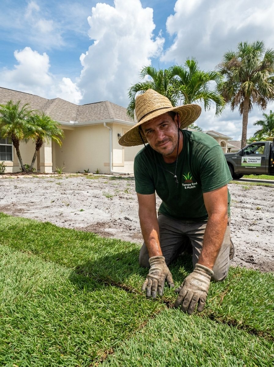 Lead sod installer pressing a seam on fresh Floratam sod in Tampa