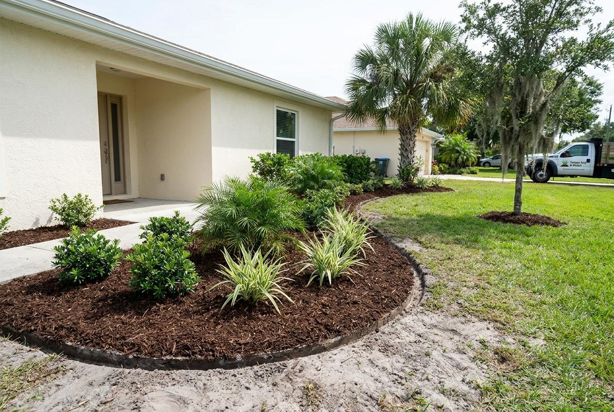 The same style of bed freshly edged and mulched at a Tampa home