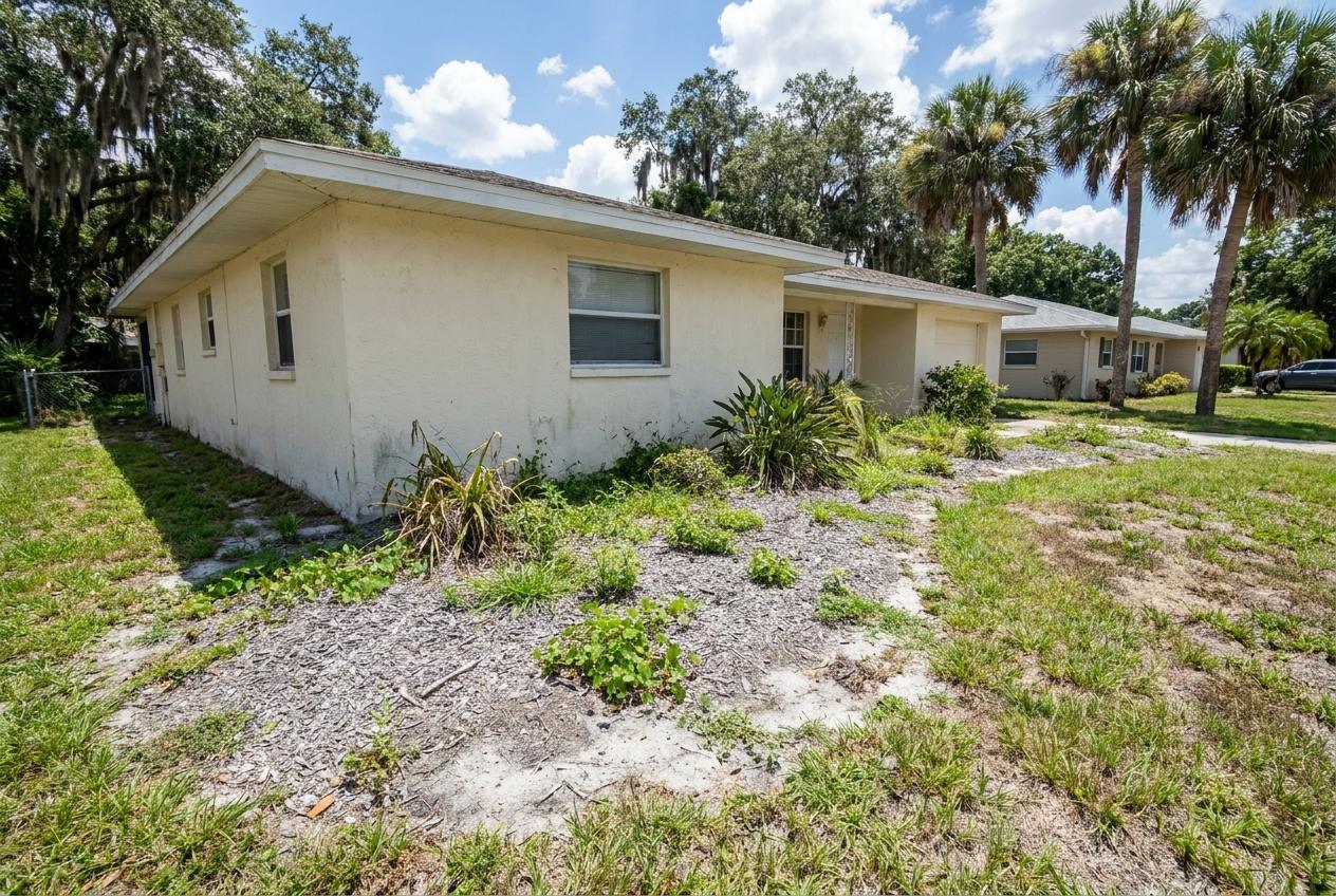 Weedy foundation bed with faded mulch before clean-out at a Tampa home