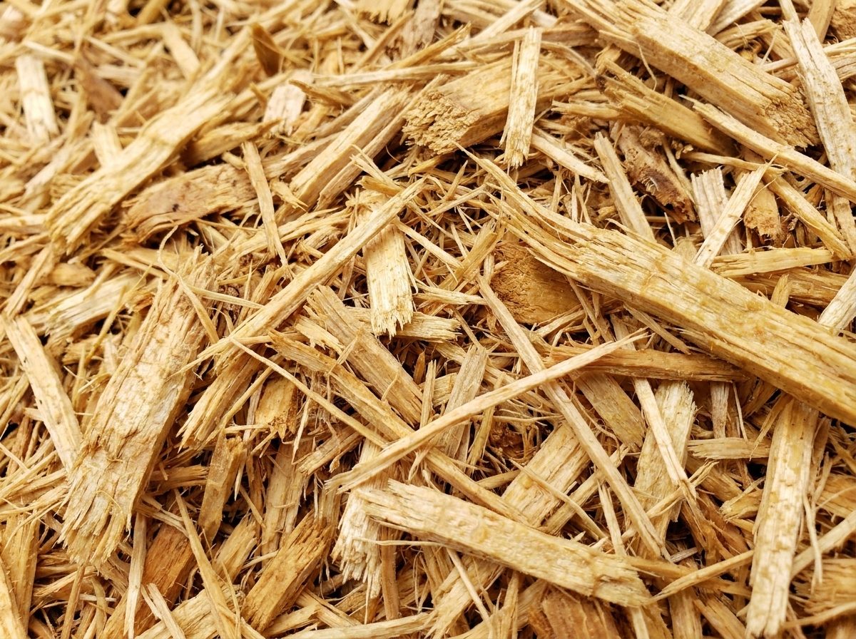 Shredded cypress mulch that mats together and resists wind on Apollo Beach waterfront beds