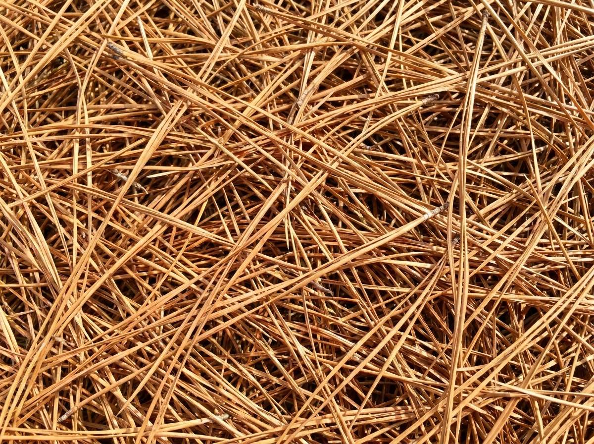 Close-up of fresh long-leaf pine straw ground cover in a Tampa landscape bed