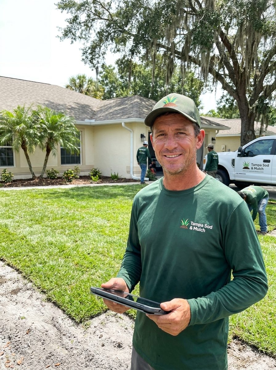 Tampa Sod & Mulch owner on a freshly sodded lawn in Tampa