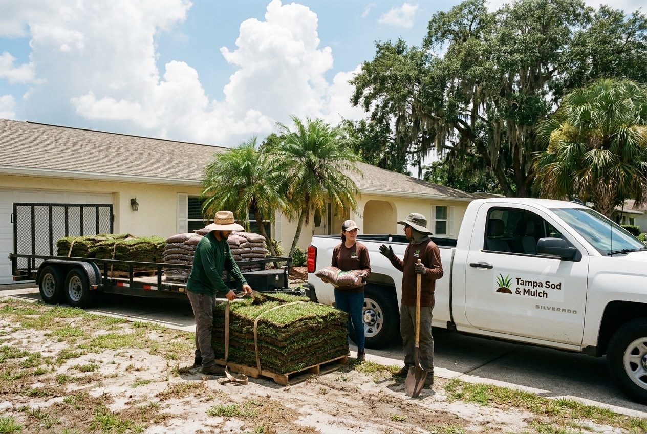 The Tampa Sod & Mulch crew with their truck and trailer loaded with sod pallets in front of a Tampa home