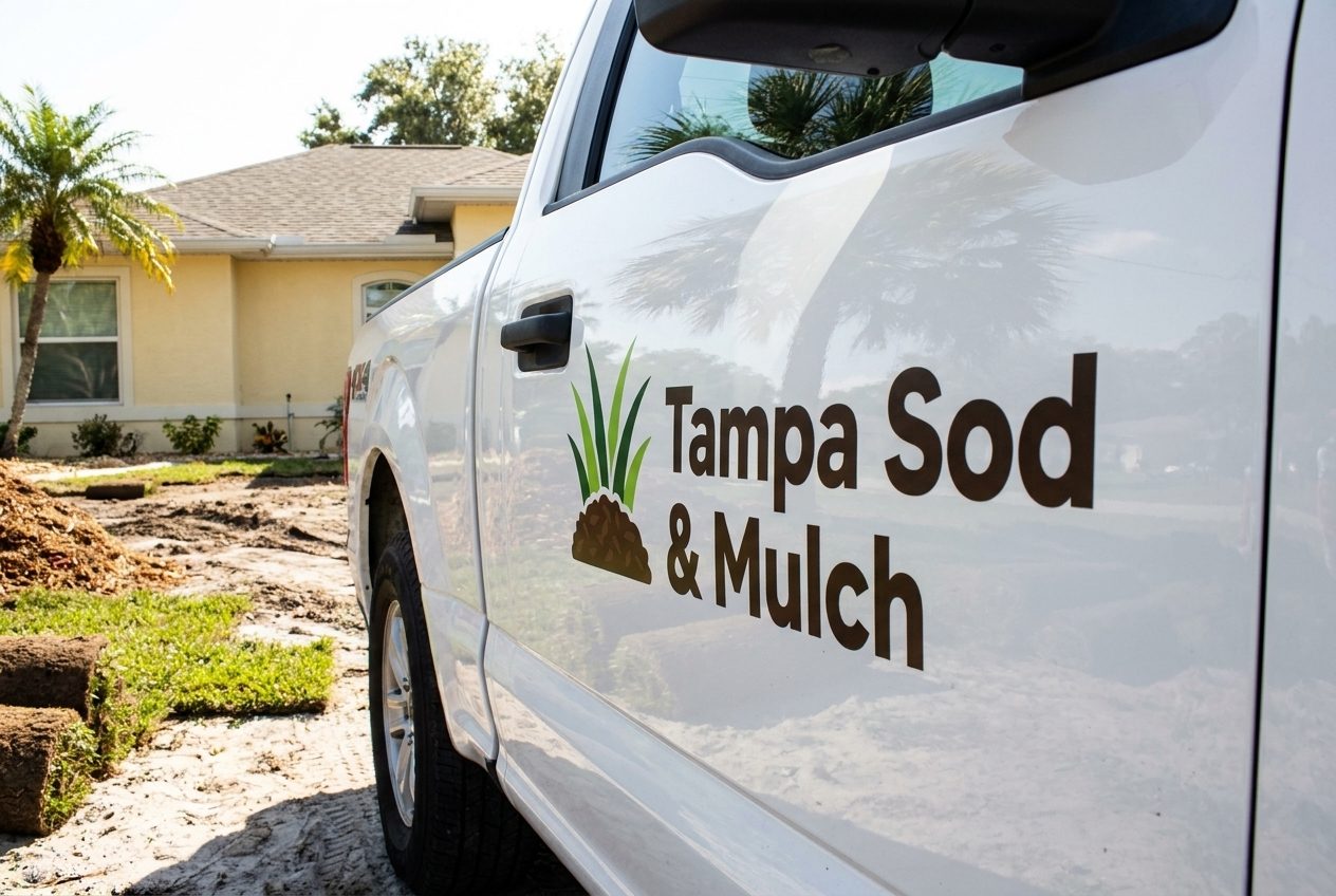 Tampa Sod & Mulch work truck parked at a job site in Tampa, Florida